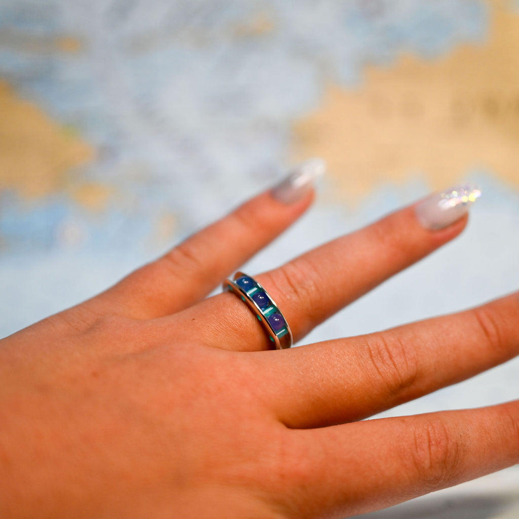 Argentium/Sterling Silver 3 Lavender Spheres Glacier Blue Cylettes Channel Ring