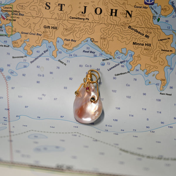 14kyg Octopus Pendant with 2 diamonds (.01cttw) color sapphires